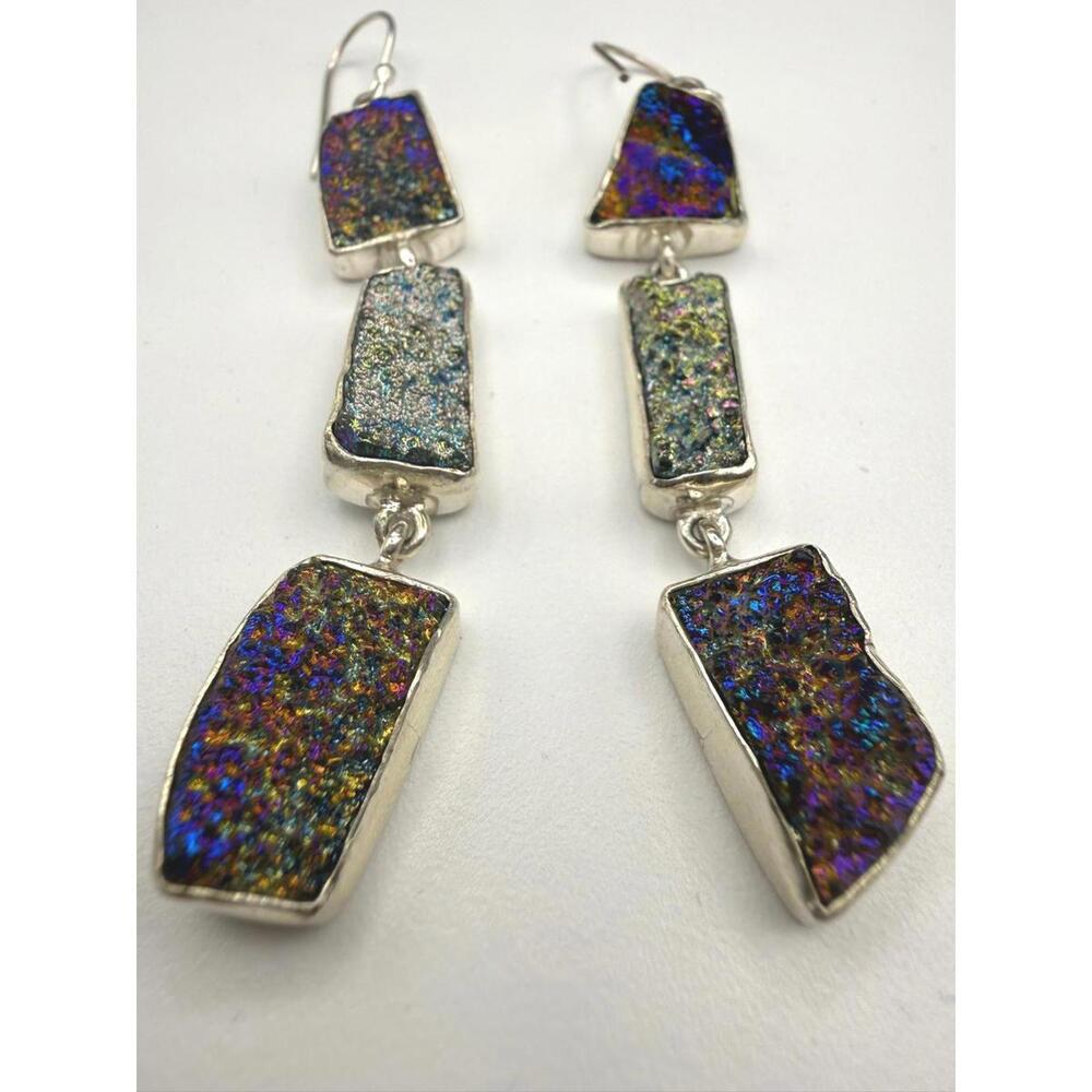 2" Raw Moldavite & Bornite Statement Earrings | Artisan .925 Sterling Silver